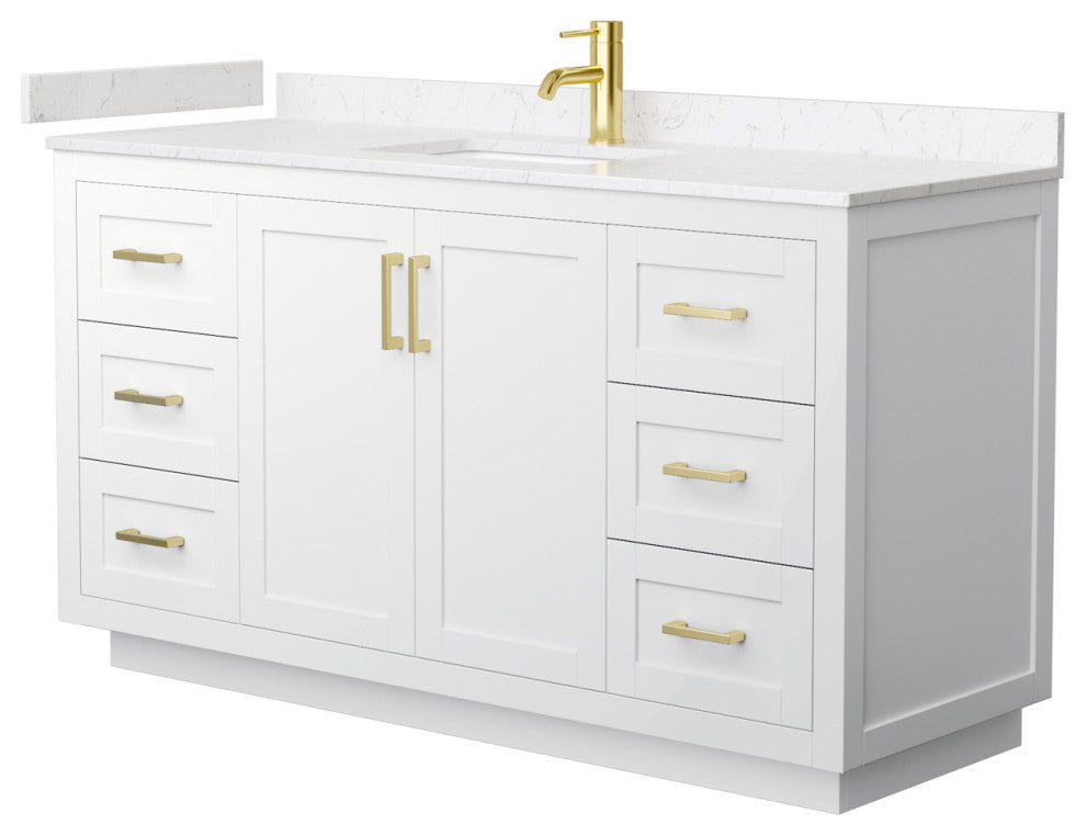 60" Single Vanity White, Light-Vein Carrara Cult Marble Counter, Sink, Gold Trim