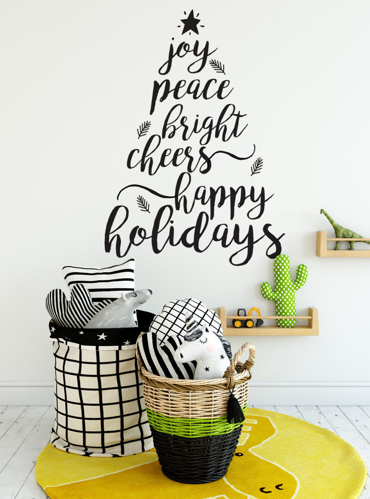 Holiday Christmas Tree Words Wall Decal, Black, Happy Holidays