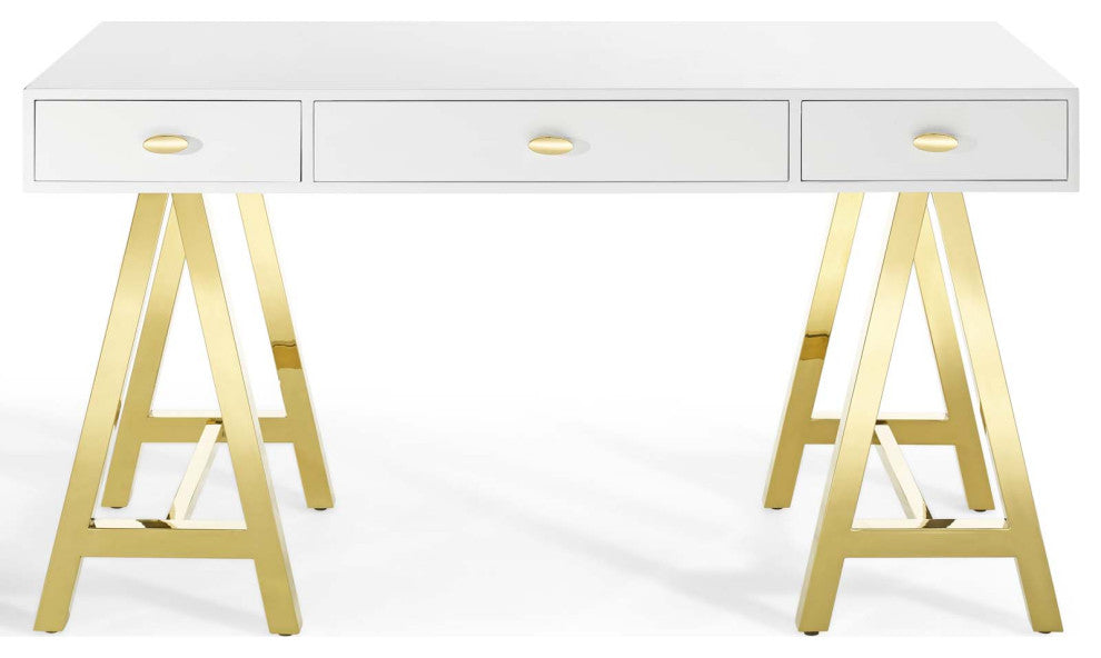 Computer Work Desk Entry Table, Wood, Metal, Gold White, Home Business Office