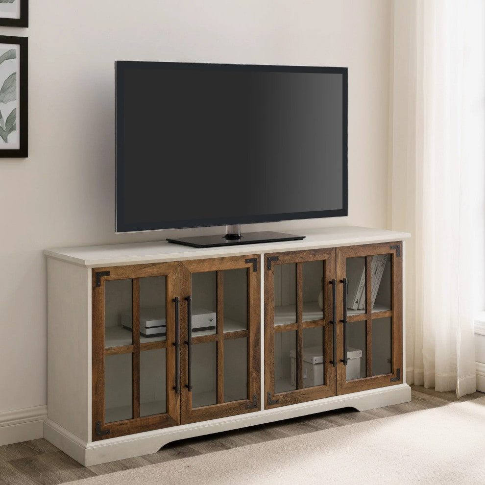 Farmhouse TV Stand, Large Design With Glass Doors & Adjustable Shelves, White