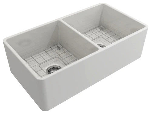 BOCCHI 1139-001-2020CH Farmhouse Fireclay 33 Inch Double Bowl Kitchen Sink Kit