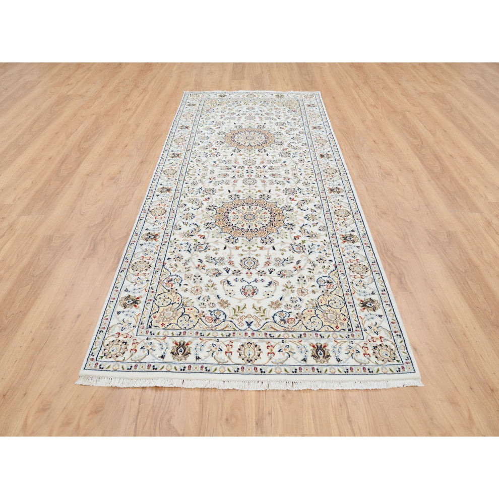 Ivory, Nain, 250 KPSI Wool and Silk Hand Knotted Wide Runner Rug, 4'2" x 10'1"
