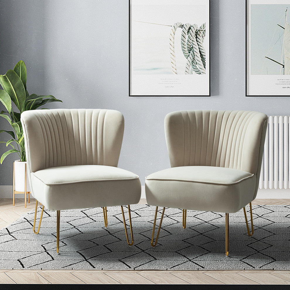 Upholstered Accent Side Chair With Tufted Back Set of 2, Tan