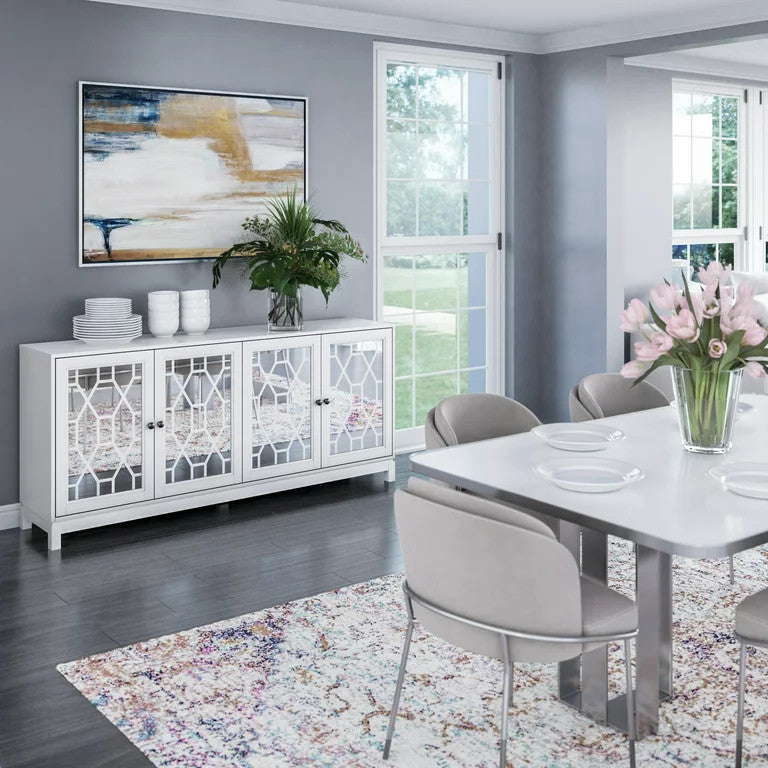 Contemporary Sideboard, Glamorous Mirrored Doors With Geometric Accents, White
