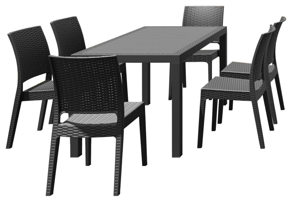 Orlando Wickerlook Rectangle Dining 7 Piece Set, Florida Side Chairs, Dark Gray