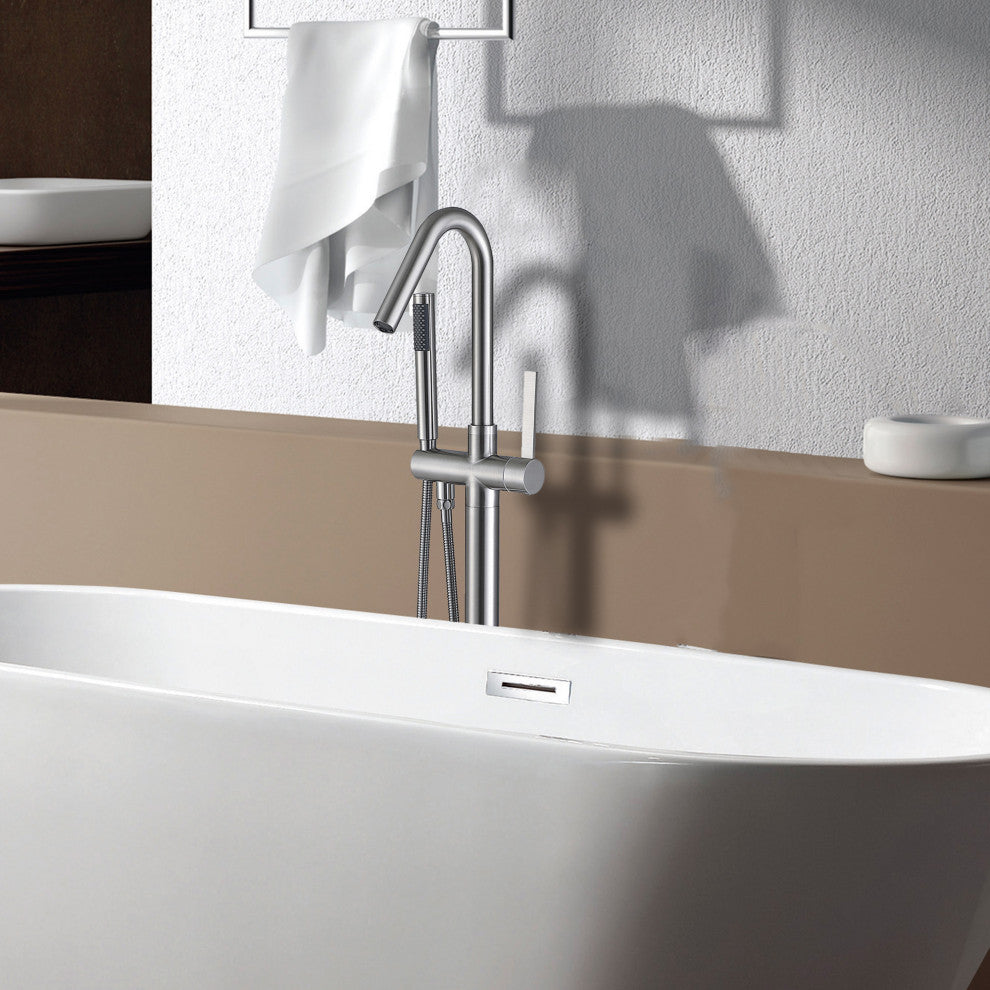 Floor Mounted Stainless Steel Handle Bathtub Faucet, Handheld, Brush Nickel