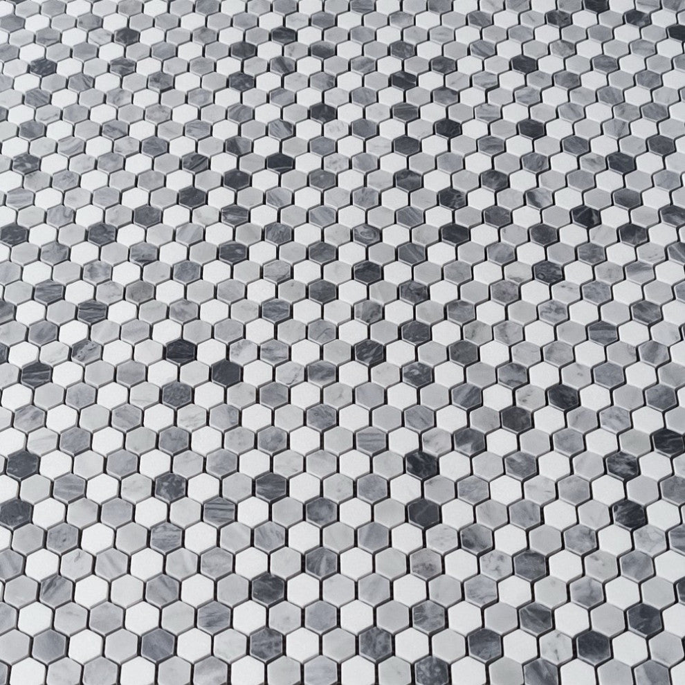 Carrara White Marble Monochrome Hexagon Mosaic Tile Gray White Honed, 1 sheet