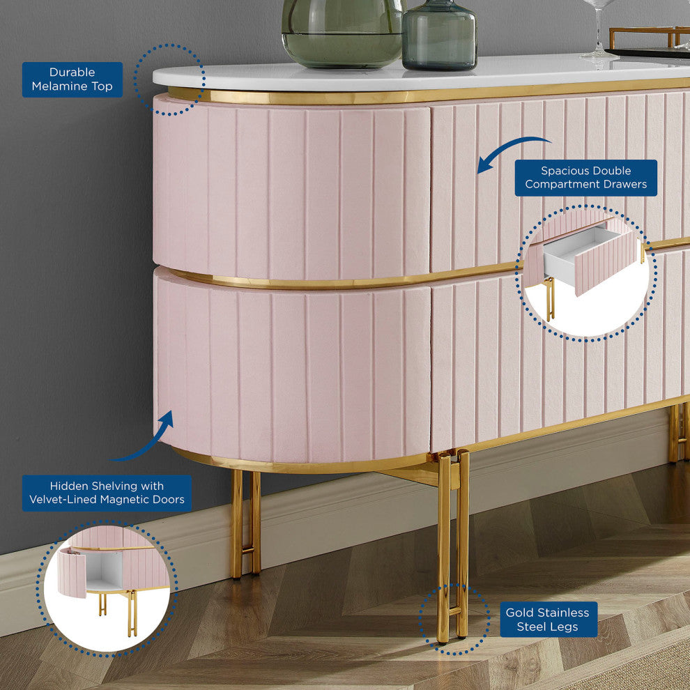 Console Entry Table Sideboard, Pink White, Velvet, Modern, Mid Century Lounge