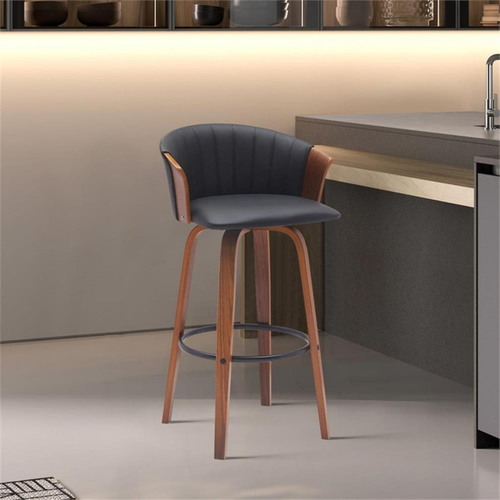 Armen Living Diana 26" Swivel Wood & Faux Leather Counter Stool in Walnut/Black