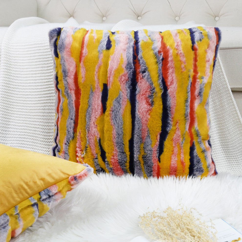 Multi Jacquard Faux Fur Pillow Covers Set of 2, Orange, 14''x26''