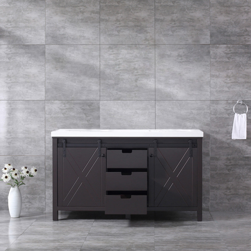Marsyas 60" Brown Double Vintage Bathroom Vanity Cabinet Quartz Top Square Sinks