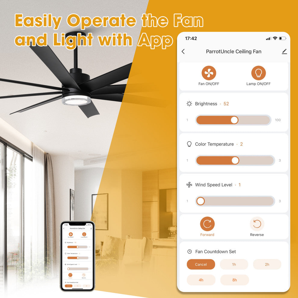 72-inch Modern Black Industrial LED Smart Ceiling Fan with Remote
