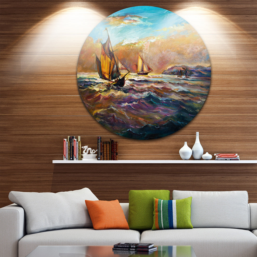 Boats In Roaring Sea, Seascape Painting Disc Metal Artwork, 23"