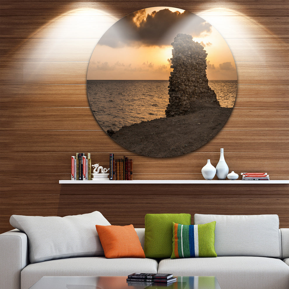 African Ruins At Sunset Seashore, Seashore Disc Metal Artwork, 11"