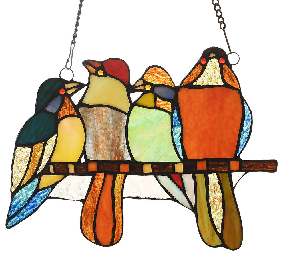 Chloe Lighting Perched Birds Tiffany-Style Animal Design Window Panel 12"x9"