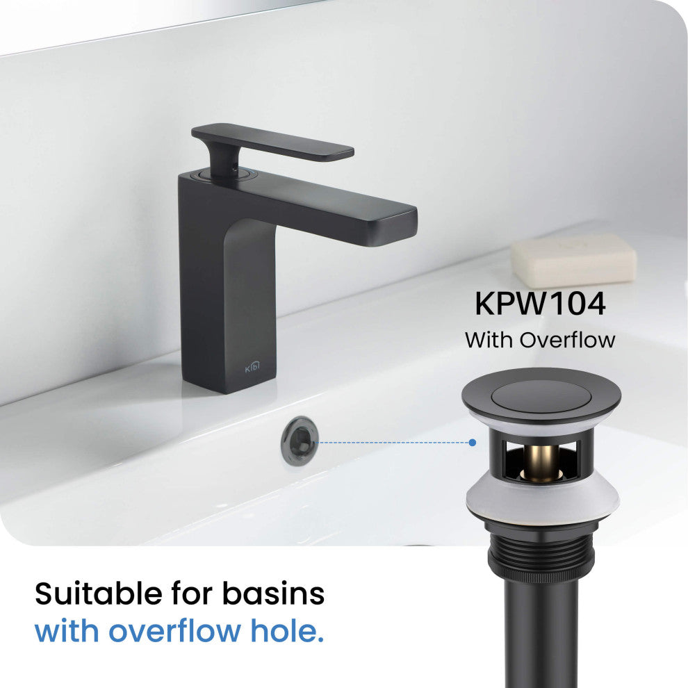 Bathroom Sink Pop Up Drain Stopper, 12" Tailpiece With Overflow KPW104, Matte Black