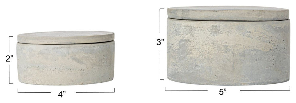 Gray Round Decorative Cement Boxes With Lids, 2-Piece Set