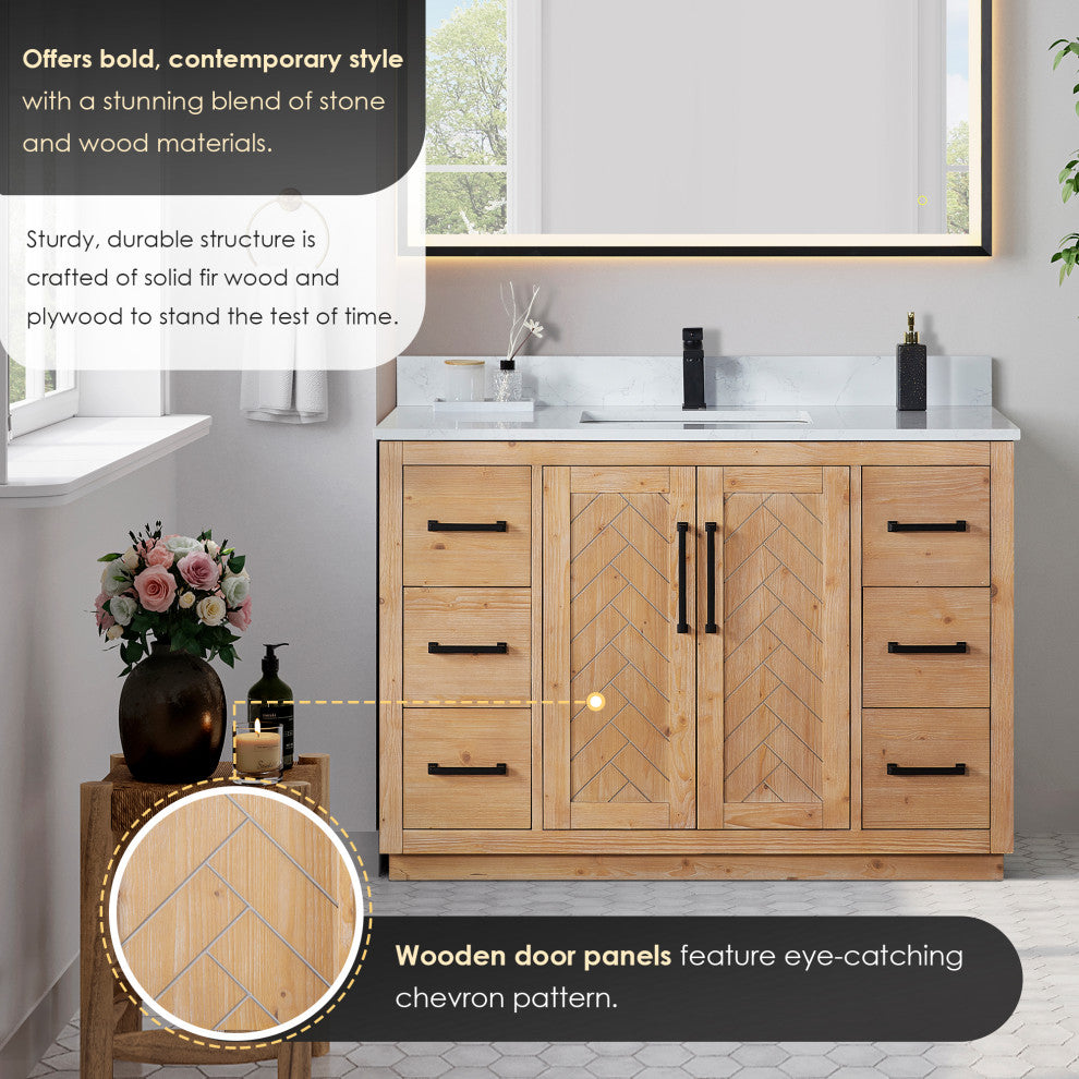 Anais Vanity Grain White Engineered Stone Countertop, Light Brown, 48", No Mirror