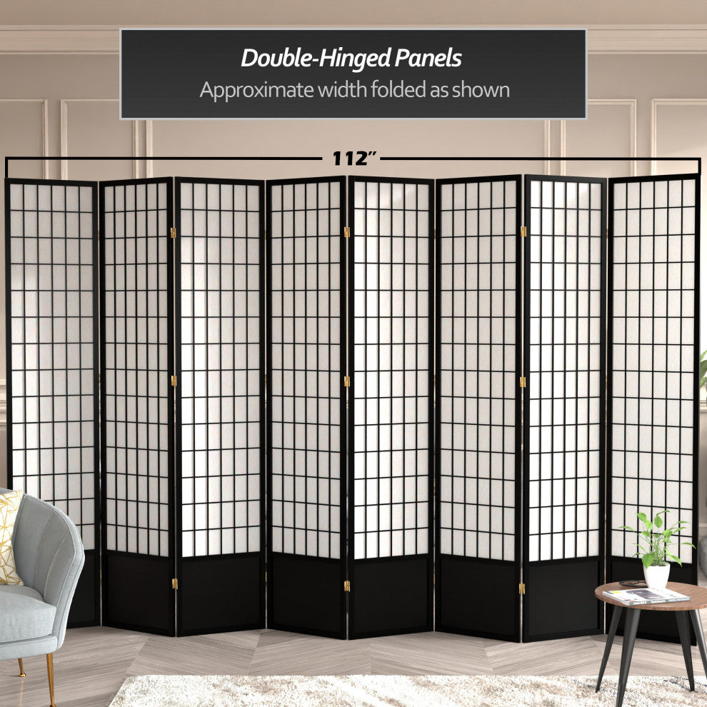 7' Tall Window Pane Shoji Screen, Black, 8 Panels