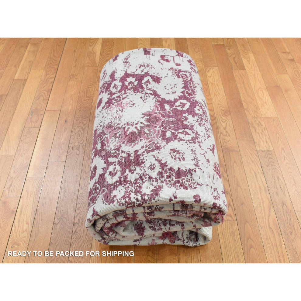Ivory Wool and Silk Handmade Broken and Erased Persian Design Rug 9'2"x12'1"