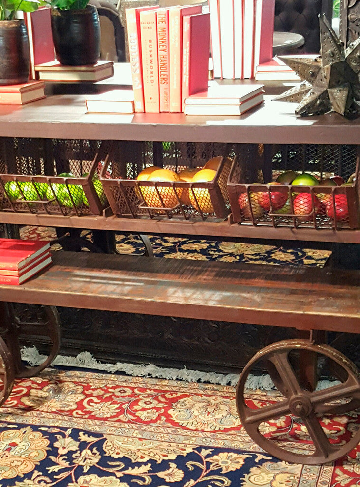 Golden Solid Wood 4 Drawer Cart on Cast Iron Wheels, Brown