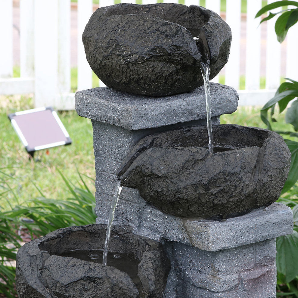 Sunnydaze Cascading Stone Bowls Solar-on-Demand Water Fountain With LED Light
