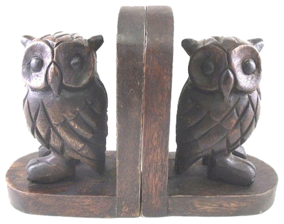Carved Owl Stained Wooden Bookends Library Desk Shelf Decor