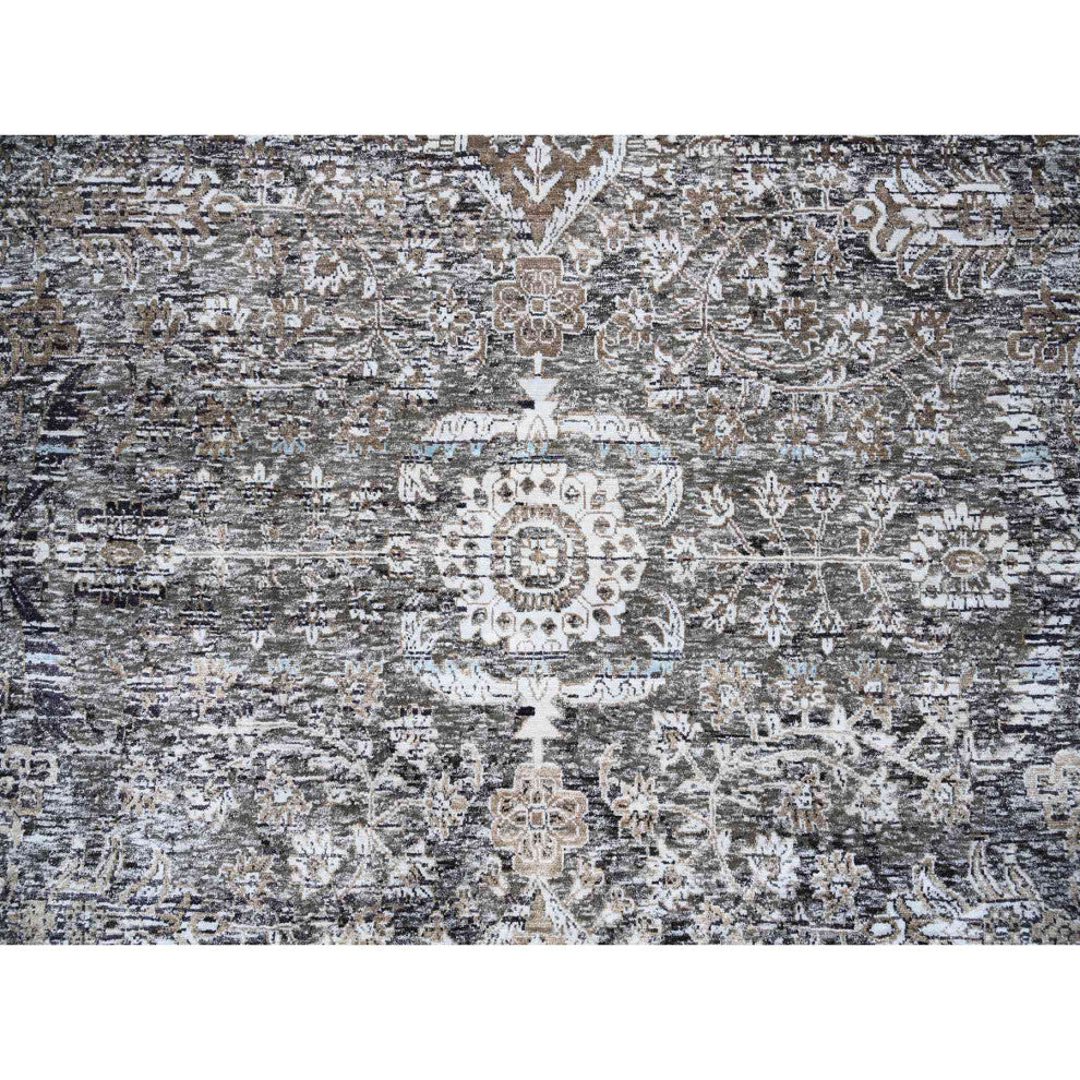 Gray, Silk with Textured Wool, Hand Knotted, Modern, Round, Rug, 11'10" x 11'10"