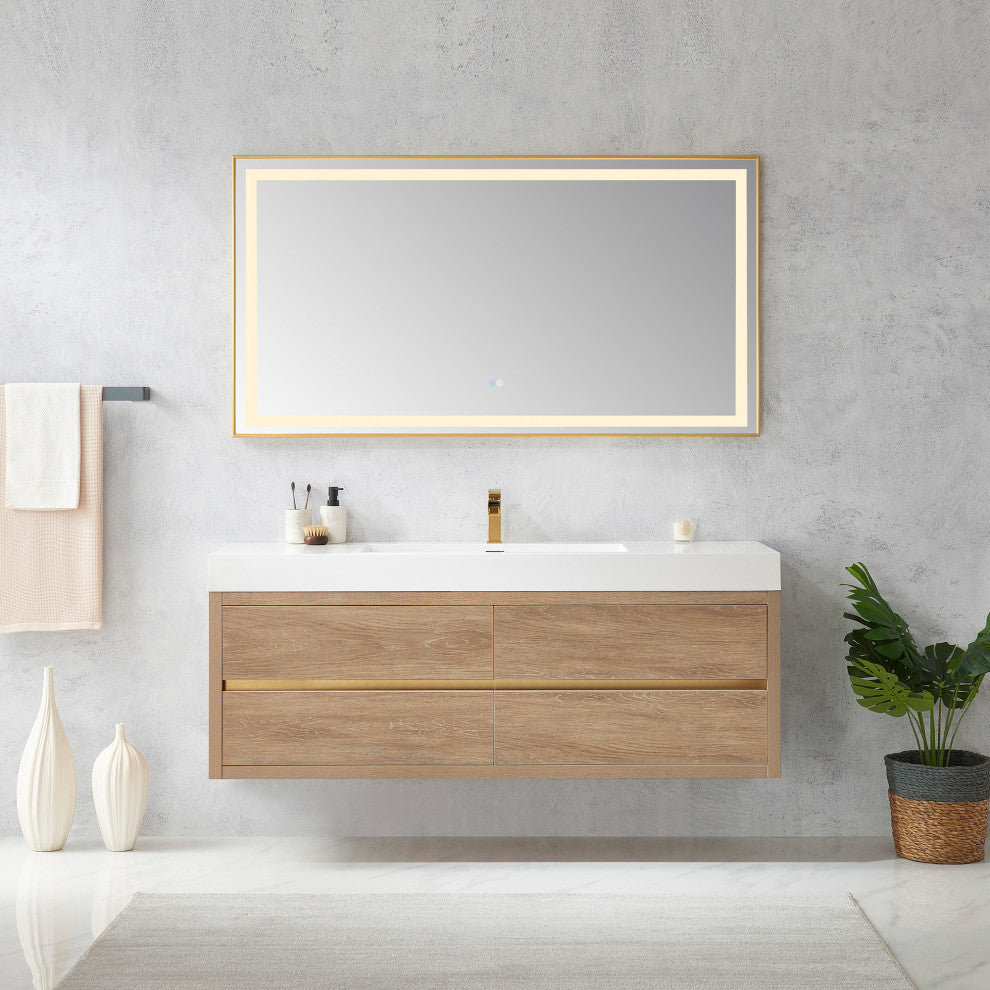 Palencia Floating Bath Vanity With Composite Stone Top, North American Oak, 60" Single Sink, With Mirror