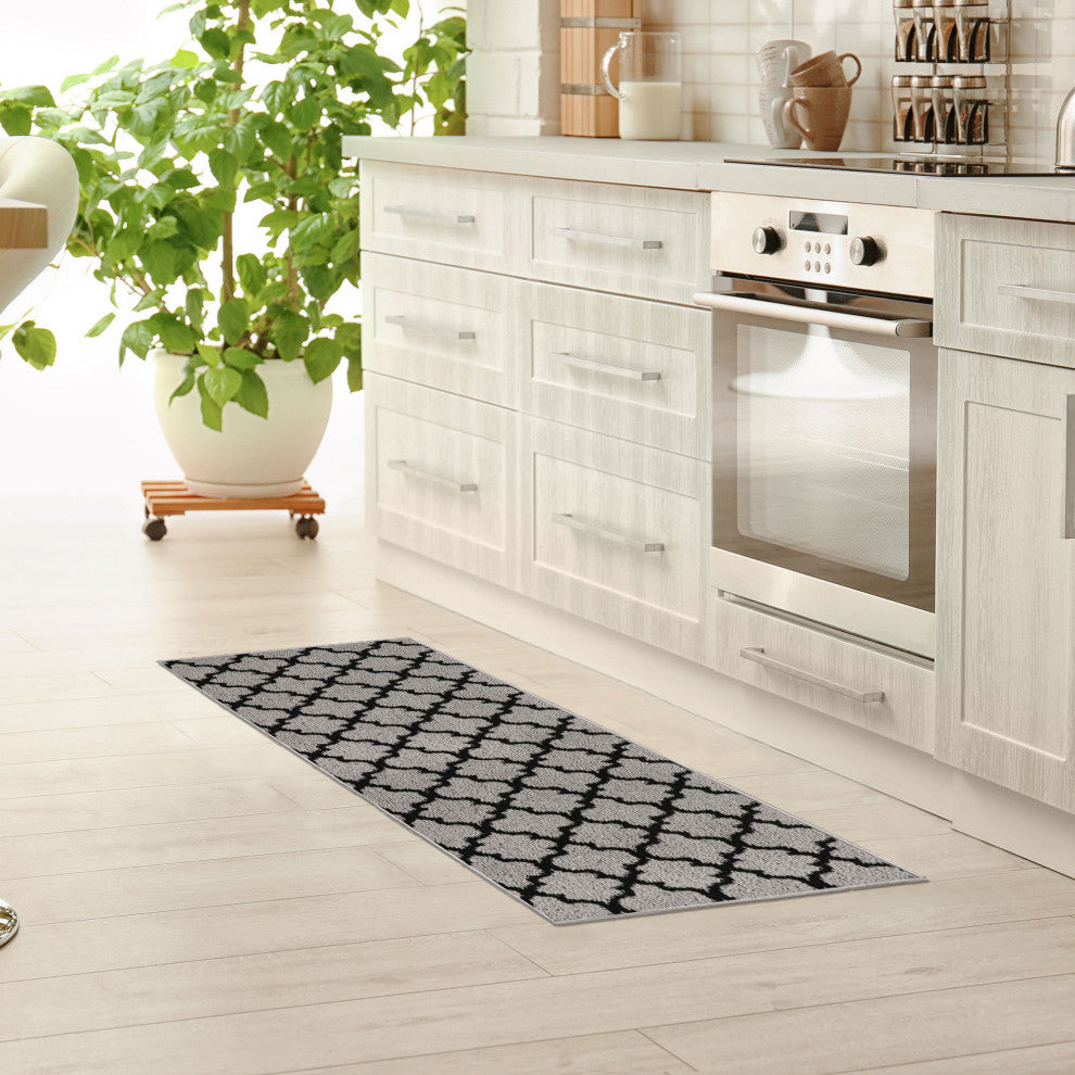 Wool Effect Arabesque, Gray/Black, Kitchen Runner Rug