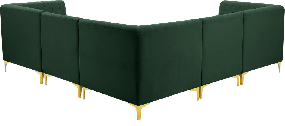 Alina Velvet Modular L-Shaped Modular Sectional, Green, 5-Piece: 2 Armless Chair, 3 Corner Chair