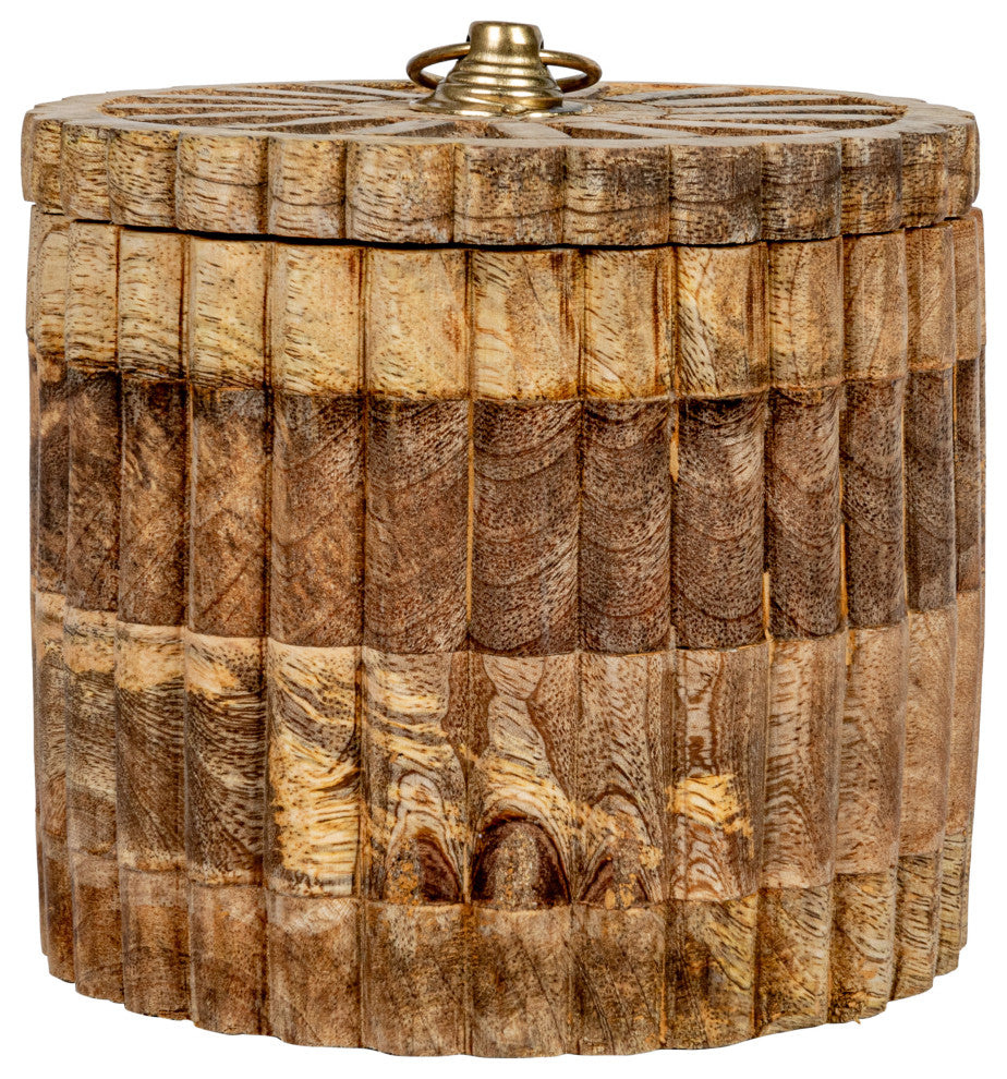 5.75" Round Carved Mango Wood Pleated Box, Lid, Metal Pull, Antique Gold