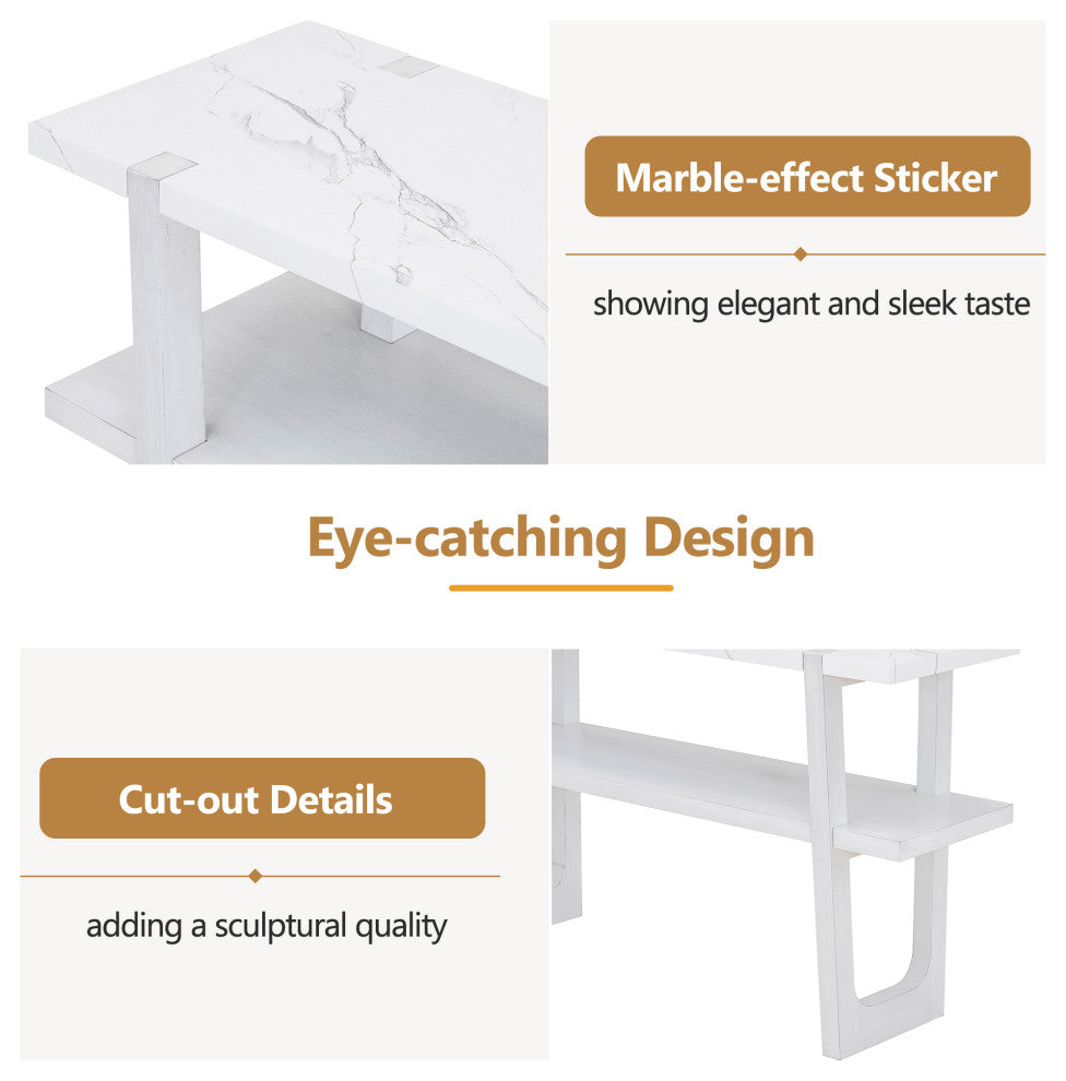 TATEUS Narrow Console Table with Marble-Effect Top for Entryway and Living Room, Antique White