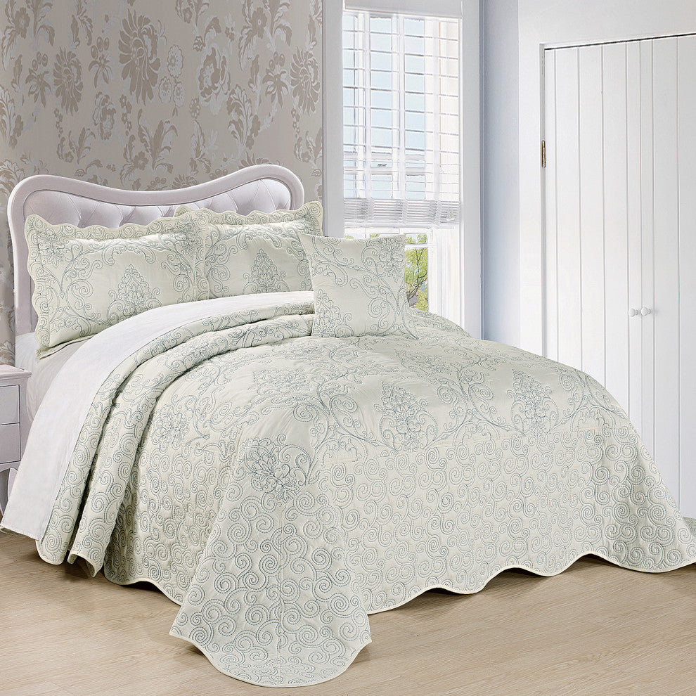 Damask Embroidered Quilted 4 Piece Bed Spread Sets, Antique White, Queen