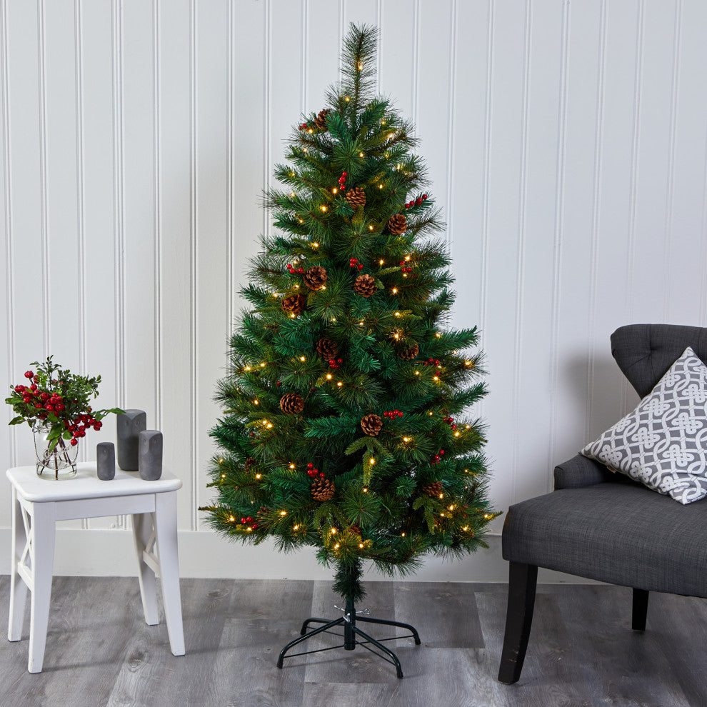 5' Mixed Pine Faux Xmas Tree With 150 Clear LED Lights, Pine Cones and Berries