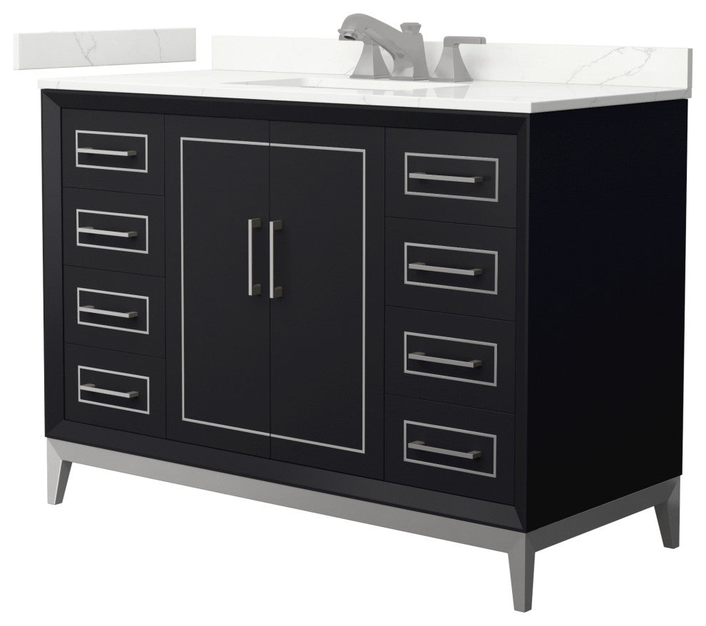 Marlena 48" Black Single Vanity, Quartz Top, 3-Hole, Nickel Trim