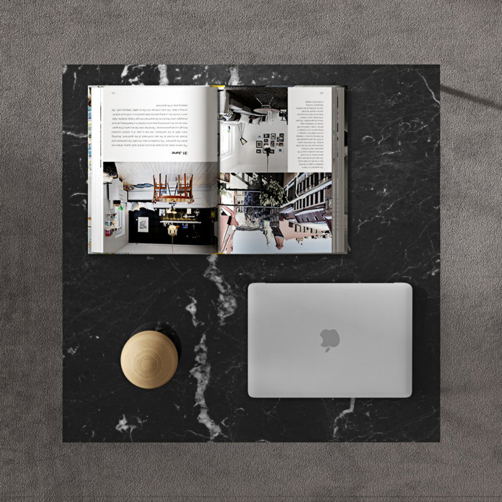 Modern Marble Top Minimal Metal Base Coffee Table, Black Marble/Black Base