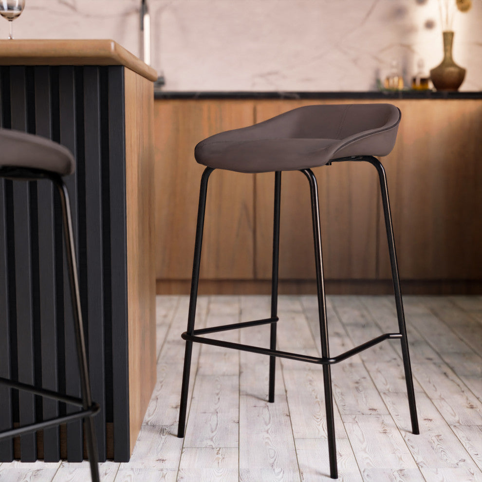 LeisureMod Servos Barstool With Faux Leather Seat and Iron Frame Set of 2, Elephant Gray