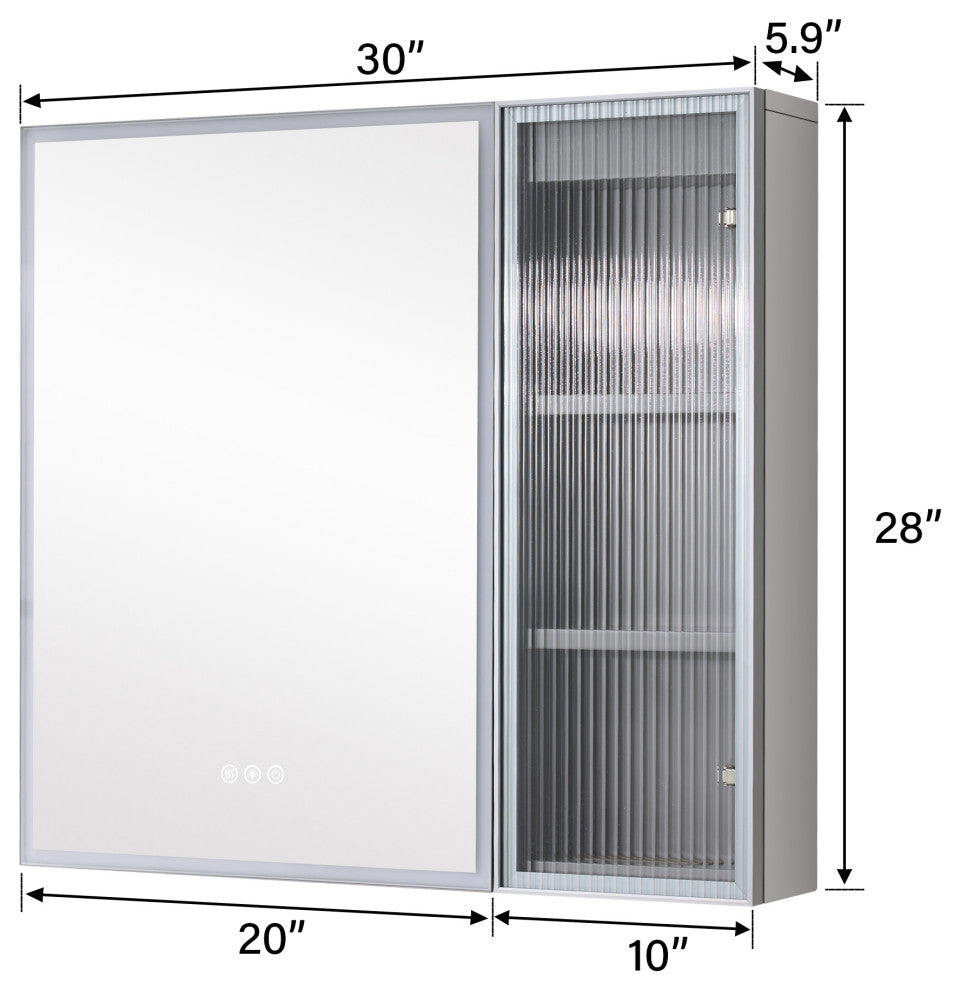 Solid Wood Bathroom Medicine Cabinet With Lights, Defogger, Grey, 30"x28"