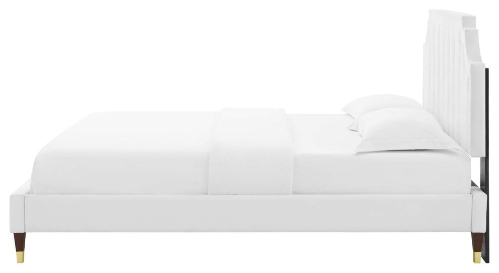 Platform Bed Frame, King Size, Velvet, White, Modern Contemporary, Bedroom