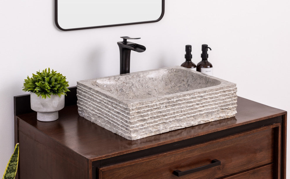 Natural Stone Vessel Bathroom Sink, Rustic Rectangular Stone Sink, Goleta