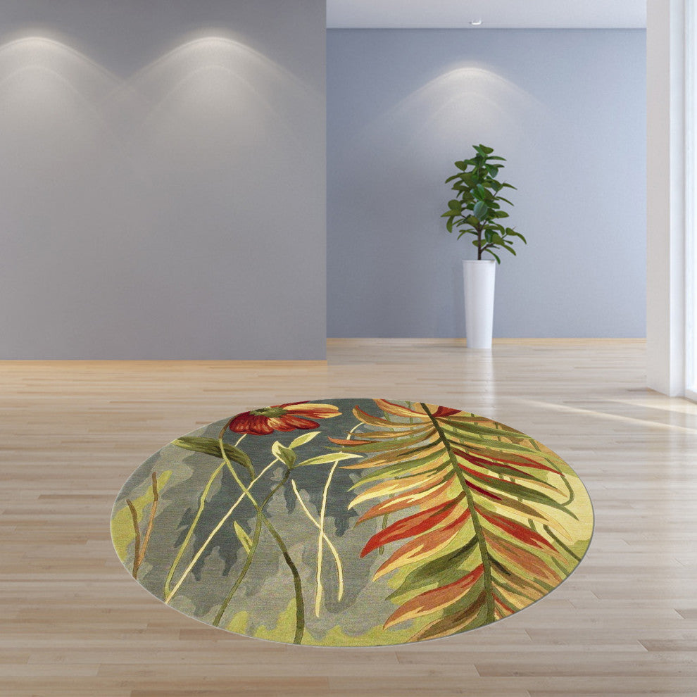 HomeRoots 8' Blue Green Hand Tufted Tropical Plants Round Indoor Area Rug