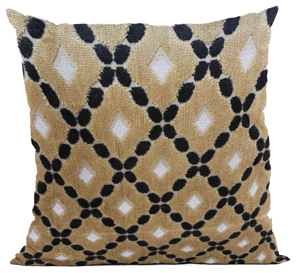 Plutus Velvet Majestic Gold, Black, Cream Handmade Luxury Pillow, 22"x22"