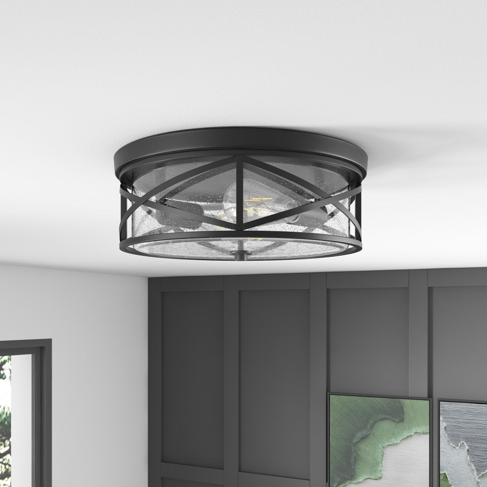 Farmhouse 2-Light Flush Mount Close to Ceiling Light with Seeded Glass Shade