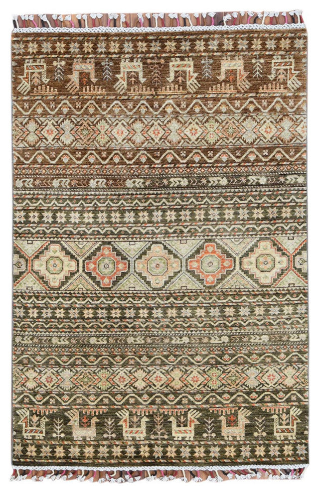 Green With Colorful Tassles Hand Knotted Super Kazak Khorjin Rug, 4'0"x5'9"