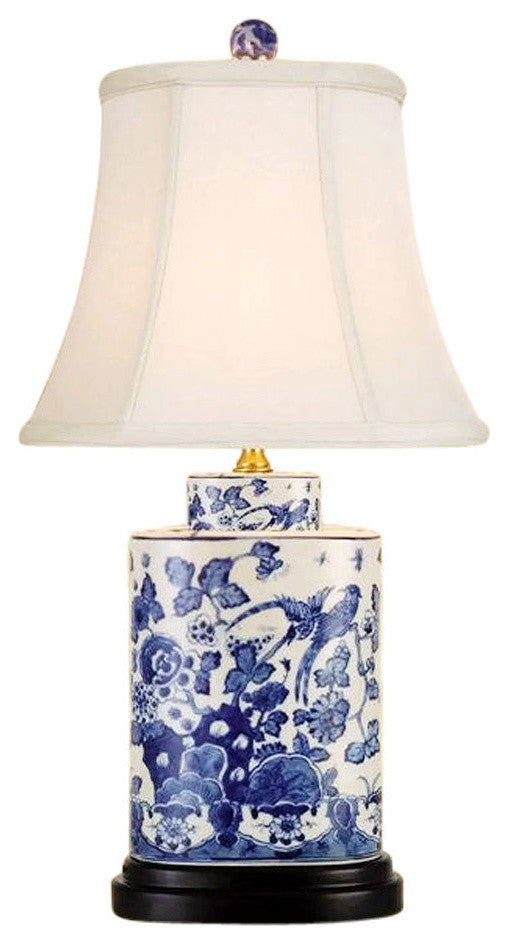 Chinese Blue and White Porcelain Tea Caddy Jar Bird Floral Motif Table Lamp 21"