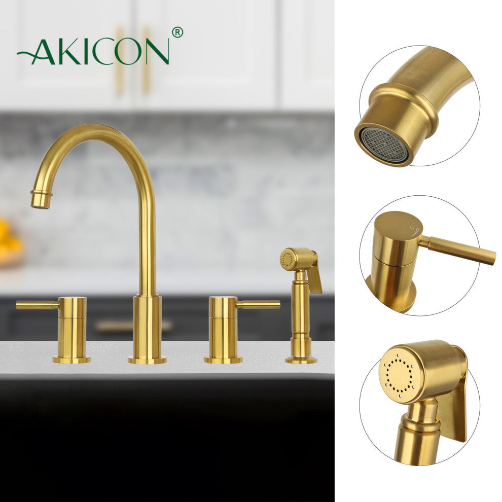 Two-Handles Widespread Kitchen Faucet With Side Sprayer- Brushed Gold