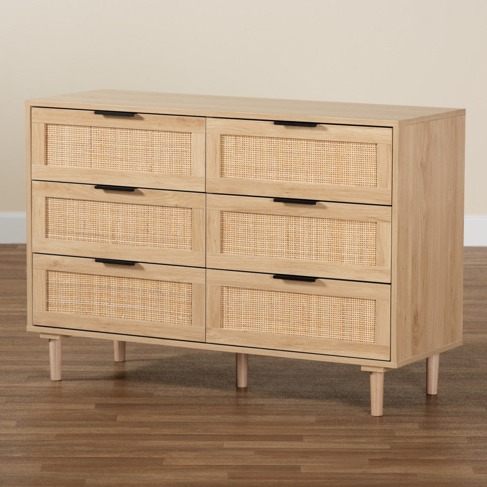 Harrison Natural Brown Finished Wood and Natural Rattan 6-Drawer Storage Cabinet