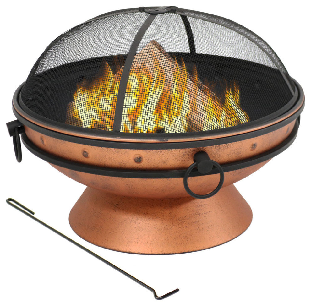 Sunnydaze Royal Cauldron Copper Fire Pit With Handles and Spark Screen, 30"