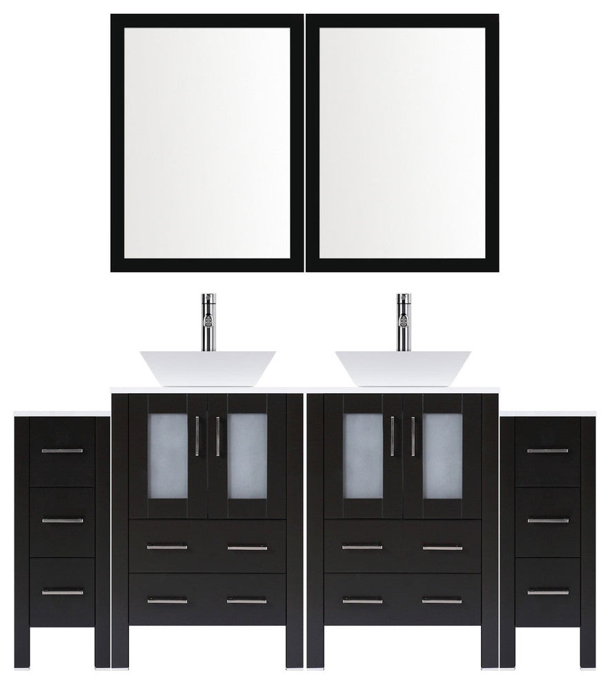 Modern Vanity Set With Two Sink Bases With Mirrors and Two Drawer Bases, Espress